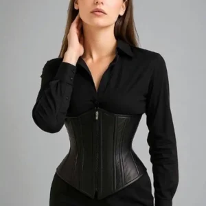 Black Leather Corset Waist Trainer – Women’s Gothic Steampunk Bustier | The Hybrid Leather