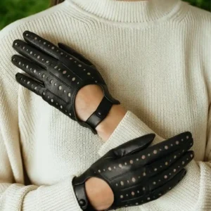 Black Leather Driving Gloves for Women – Perforated Design with Button Closure | The Hybrid Leather