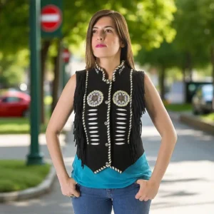Black Suede Fringe Leather Vest for Women – Western Cowgirl Style with Beaded Design | The Hybrid Leather