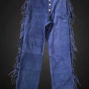 Blue Suede Leather Fringe Pants – Western Cowboy Chaps Style | The Hybrid Leather