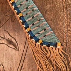 Handmade Beaded Leather Knife Sheath with Fringe – Native Style in Tan & Blue | The Hybrid Leather