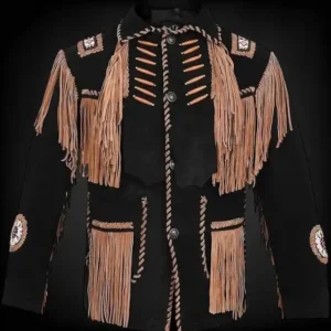 Men’s Black Suede Leather Jacket with Fringe & Beads – Western Native American Style | The Hybrid Leather