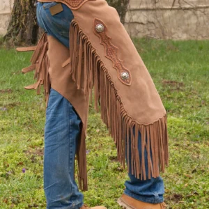 Men’s Brown Leather Shotgun Chaps – Western Cowboy Fringe Riding Gear | The Hybrid Leather