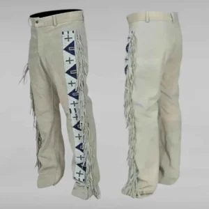 Men’s Western Buckskin Leather Pants – Native American Style Fringe Trousers in Beige | The Hybrid Leather