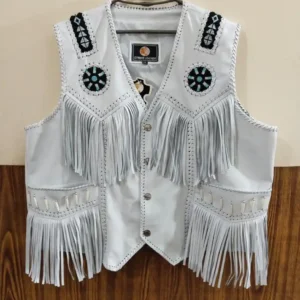 Men’s White Leather Vest – Western Fringe & Beaded Native Style | The Hybrid Leather