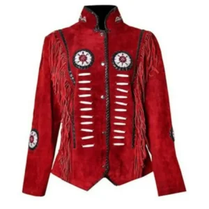 Red Suede Fringe Leather Jacket with Beaded Western Design – Women’s Vintage Cowgirl Style | The Hybrid Leather
