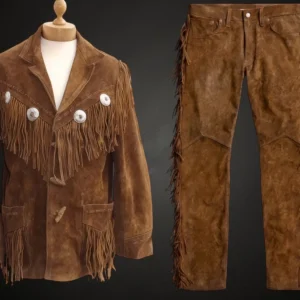 Women’s Brown Suede Leather Suit – Western Fringe Jacket & Pants Set | The Hybrid Leather
