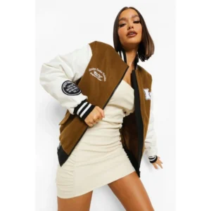 Women’s Brown & White Varsity Jacket – Legendary Team Letterman Style | The Hybrid Leather