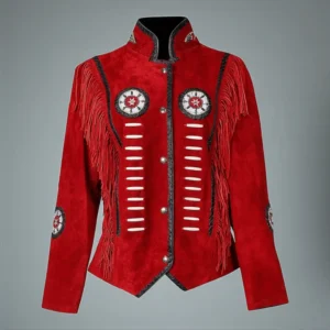Women’s Red Suede Leather Coat with Fringe & Beaded Embroidery | The Hybrid Leather