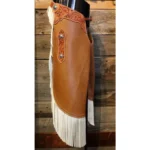 Women’s Tan Leather Shotgun Chaps with White Fringe – Western Rodeo Style | The Hybrid Leather
