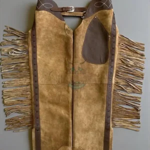 Women’s Tan Suede Western Fringe Chaps with Dark Leather Accents and Utility Pocket | The Hybrid Leather