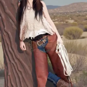 Women’s Cognac Leather Western Chinks with Floral Tooled Belt and Fringe | The Hybrid Leather