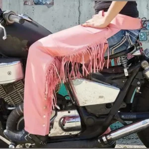 Women’s Pink Leather Motorcycle Chaps with Side Fringe and Snap Leg Closures | The Hybrid Leather