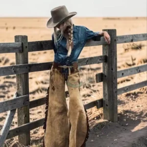 Women’s Roughout Leather Cowgirl Chaps with Diamond Inlays and Wide Flare | The Hybrid Leather