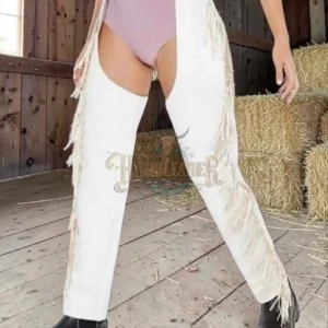 Women’s Pure White Leather Festival Chaps with Side Fringe and Ornate Silver Buckle | The Hybrid Leather