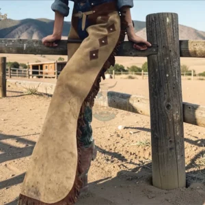 Hand-Crafted Roughout Leather Cowgirl Chaps with Diamond Inlays and Dark Fringe | The Hybrid Leather