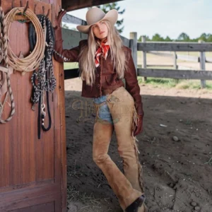 Women’s Distressed Buckskin Leather Western Chaps with Native American Style Fringe | The Hybrid Leather