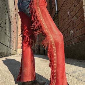 Women’s Red Suede Leather Western Chaps – Cowgirl Rodeo Fringe Style | The Hybrid Leather