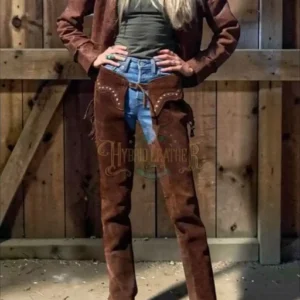 Women’s Brown Suede Leather Western Chaps – Fringes Cowgirl Rodeo Style | The Hybrid Leather