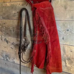 Women’s Red Suede Leather Western Chaps – Fringe Cowgirl Rodeo Style | The Hybrid Leather